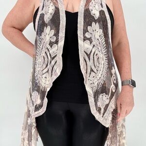 ORIGAMI Vivien Lace Mesh Vest Cardigan Open Front Ruffled XL Whimsigoth Fairy